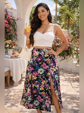 Flirtatious Floral Midi Skirt Black Multicolor Slit Detail Sz L